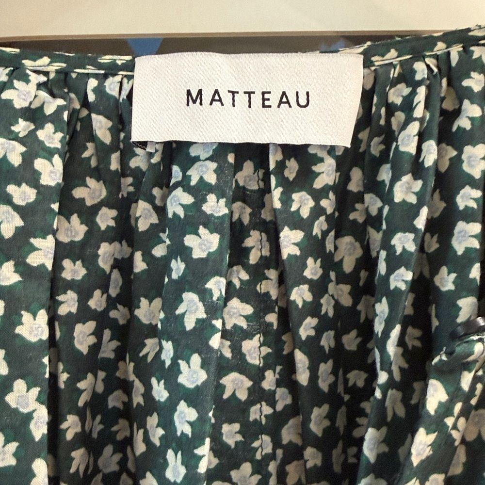 Matteau Silk Cotton Blend Voluminous Mini Dress Green White Floral Print - Picture 11 of 12